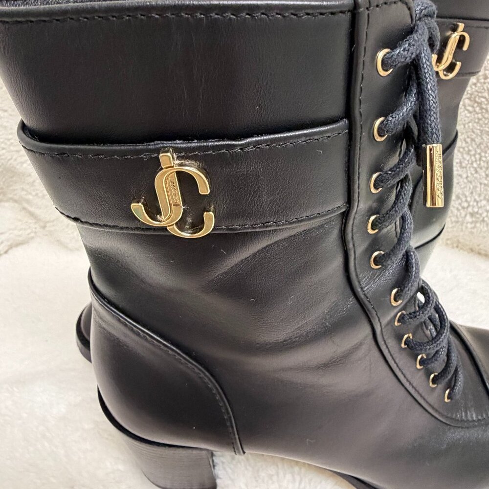 Gorgeous Black Leather Jimmy Choo Cayo Lace Up Boots 2 1/2" Heel Size US 8 - Picture 11 of 11